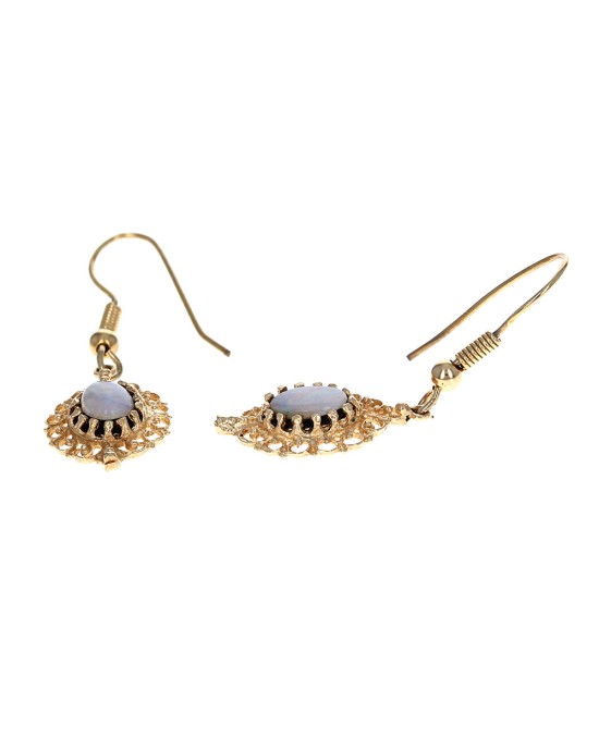 Opal Cabochon and Black Onyx Halo Dangle Earrings in Yellow Gold